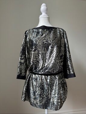 TRADITION Vintage Animal Print Metallic Boat Neck 3/4 Sleeve Belted Tunic Size S